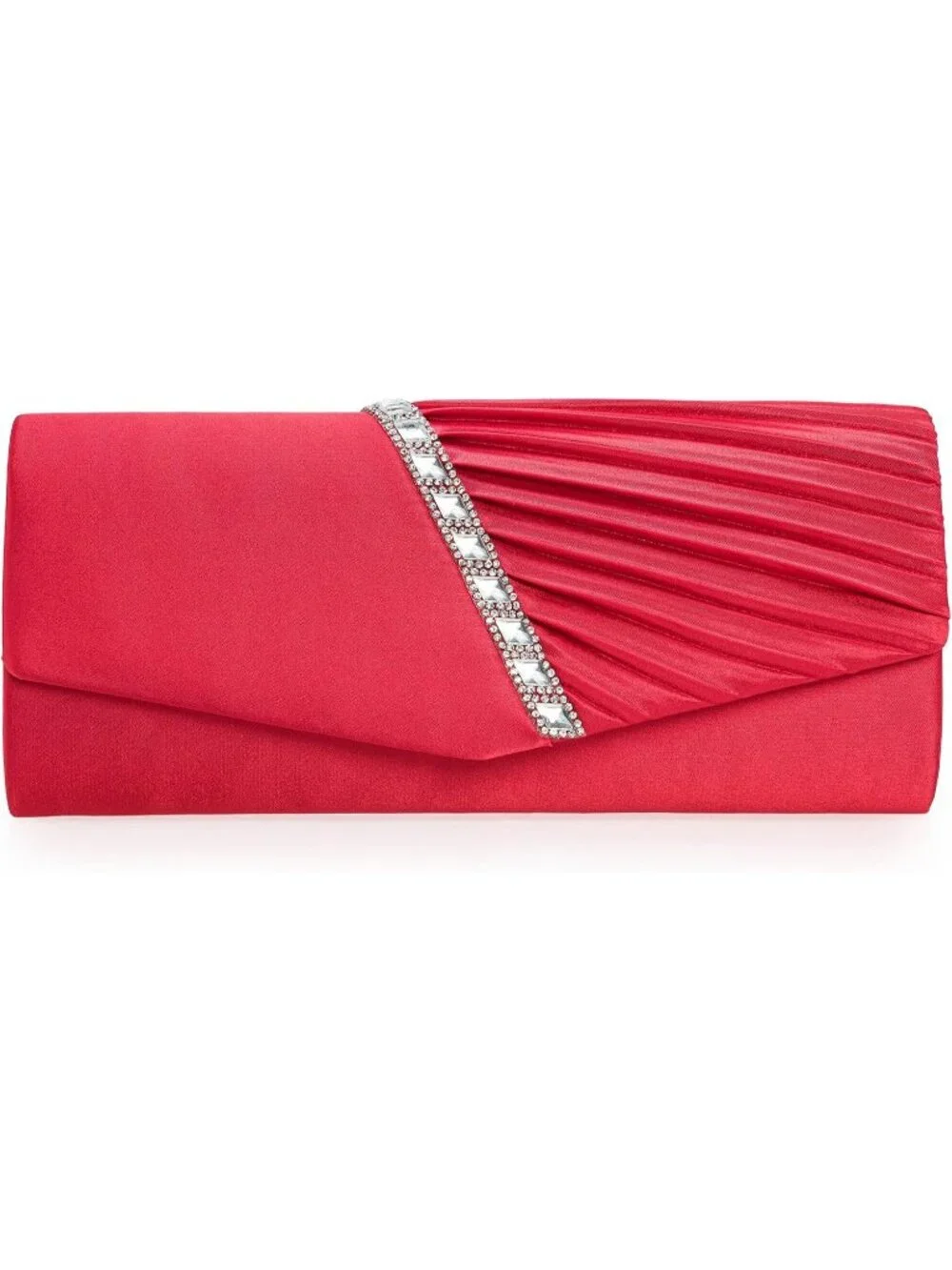 Women's Red Crystal Embellished Pleated Satin Clutch Purse For Evening Bag
